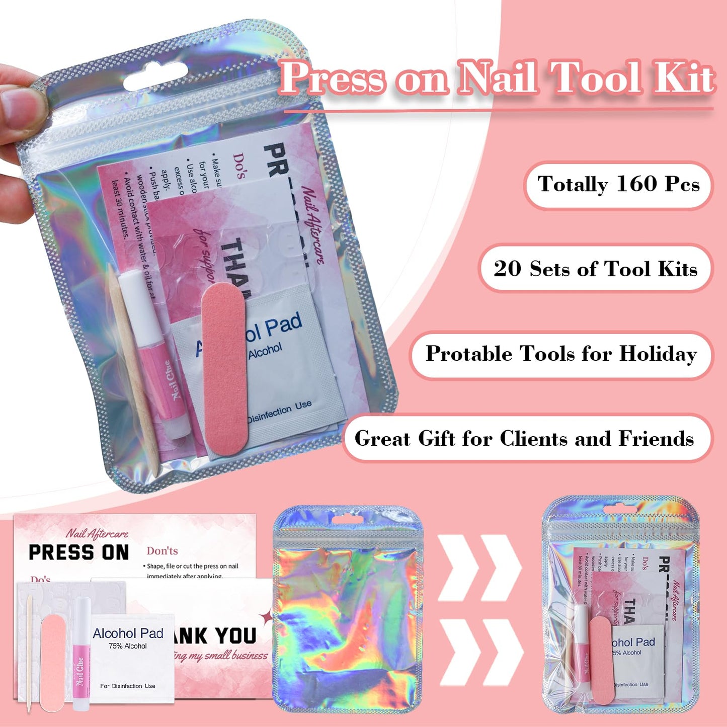 Press On Nail Tool Kit for Nail Business, Nail Prep Application Disposable Kit with Nail File, Nail Glue, Prep Pads, Instruction Card, Adhesive Nail Tabs, Wood Stick, Holographic Bag (20pcs in Pink)