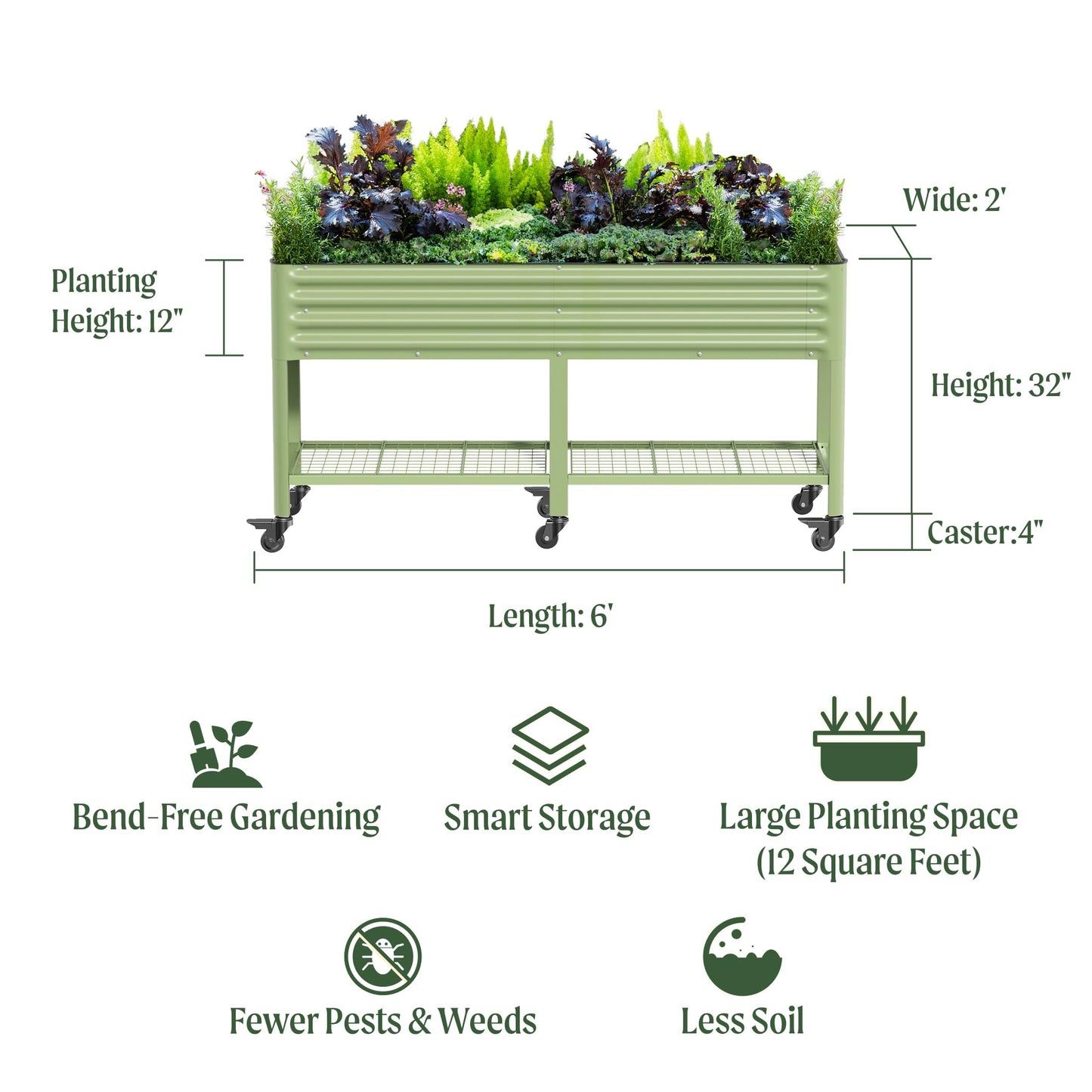 Rolling Elevated Raised Garden Bed-V Series, 2' x 6' Garden Beds with Legs & Storage Rack for Patio & Porch, 1000 Lbs Weight Capacity, Outdoor Planter Box for Vegetables Flower Herbs, Olive Green
