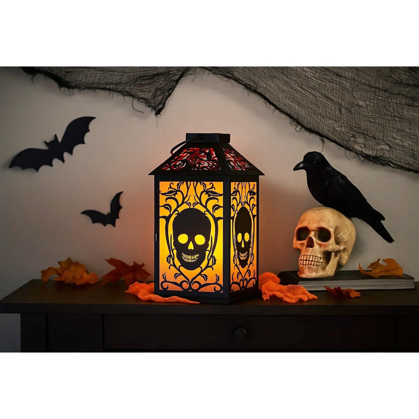 VELA LANTERNS 11.5" Halloween Skull Candle Lantern - Decorative Spooky Tabletop Light for Haunted House, Gothic Home, Front Porch & Party Decor, Metal with Frosted Glass (Candle NOT Included)