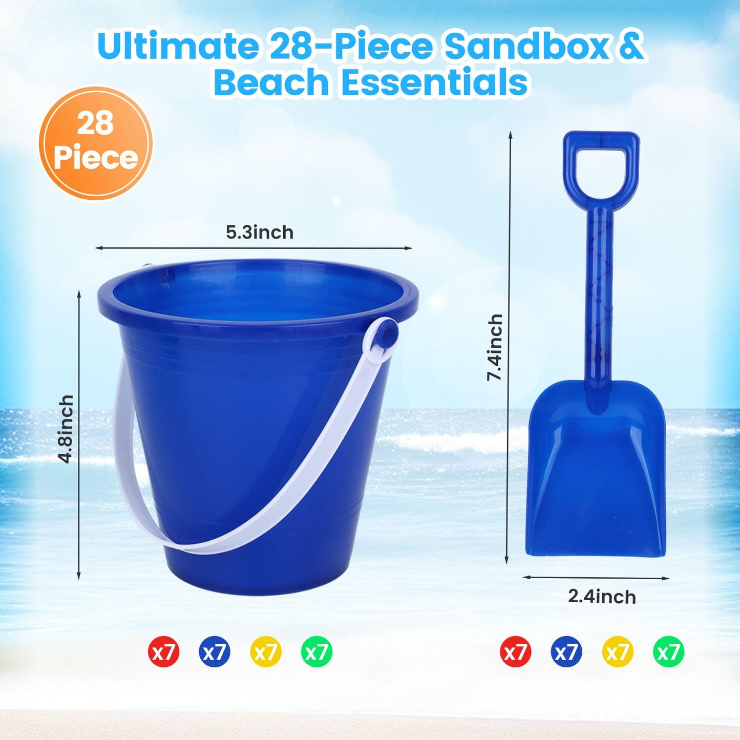 Shindel 28Sets Sand Buckets and Shovels for Kids, Beach Buckets Travel Sand Toys, Beach Essentials, Fun Summer Activities