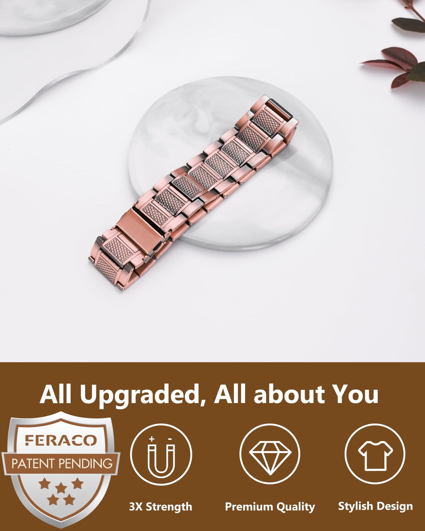 Feraco Copper Bracelet for Men, 3X Strength Magnetic Therapy Bracelet Copper Jewelry with Powerful 3800 Gauss Magnets