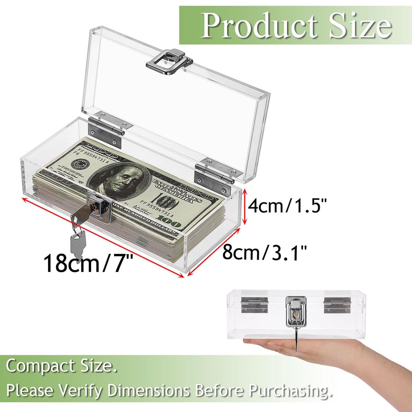 GUSHBIN Lockable Money Storage Box Clear Acrylic Cash Holder with Key Lock Cash Organizer Small Currency Tray for Personal Items, 7 x 3.1 x 2.3 Inch