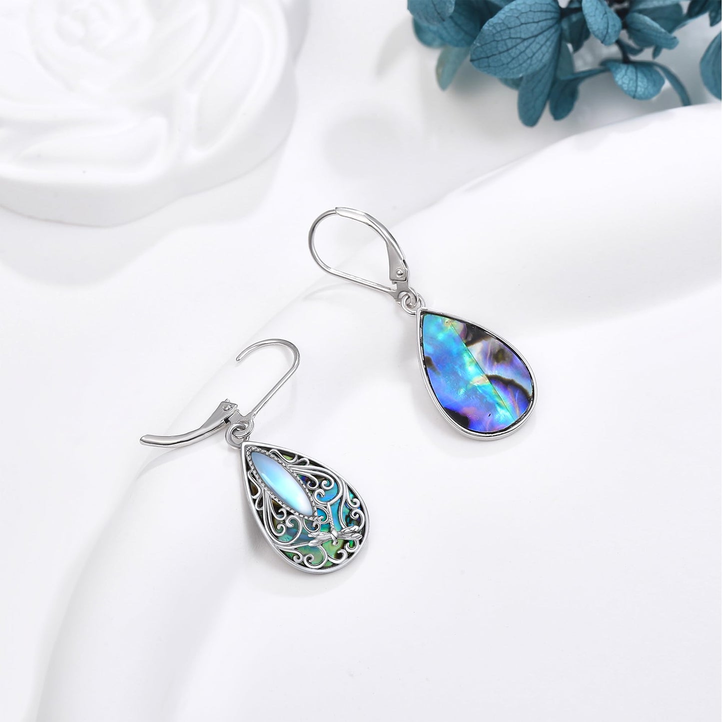 Dragonfly Filigree Earrings Sterling Silver Teardrop Abalone Shell Drop Dangle Earring Filigree Leverback Earrings Gifts for Women Jewelry
