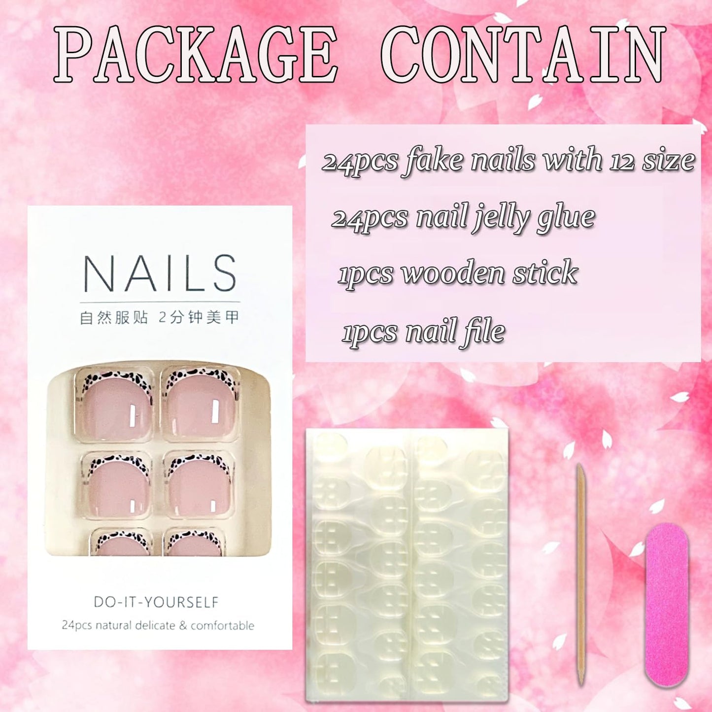 FIEONCIY 24pcs Press-on Square Acrylic False Nails Set with Glue, French & Leopard Designs, Spring & Summer Themed, Full Cover Nails, Women's DIY Manicure