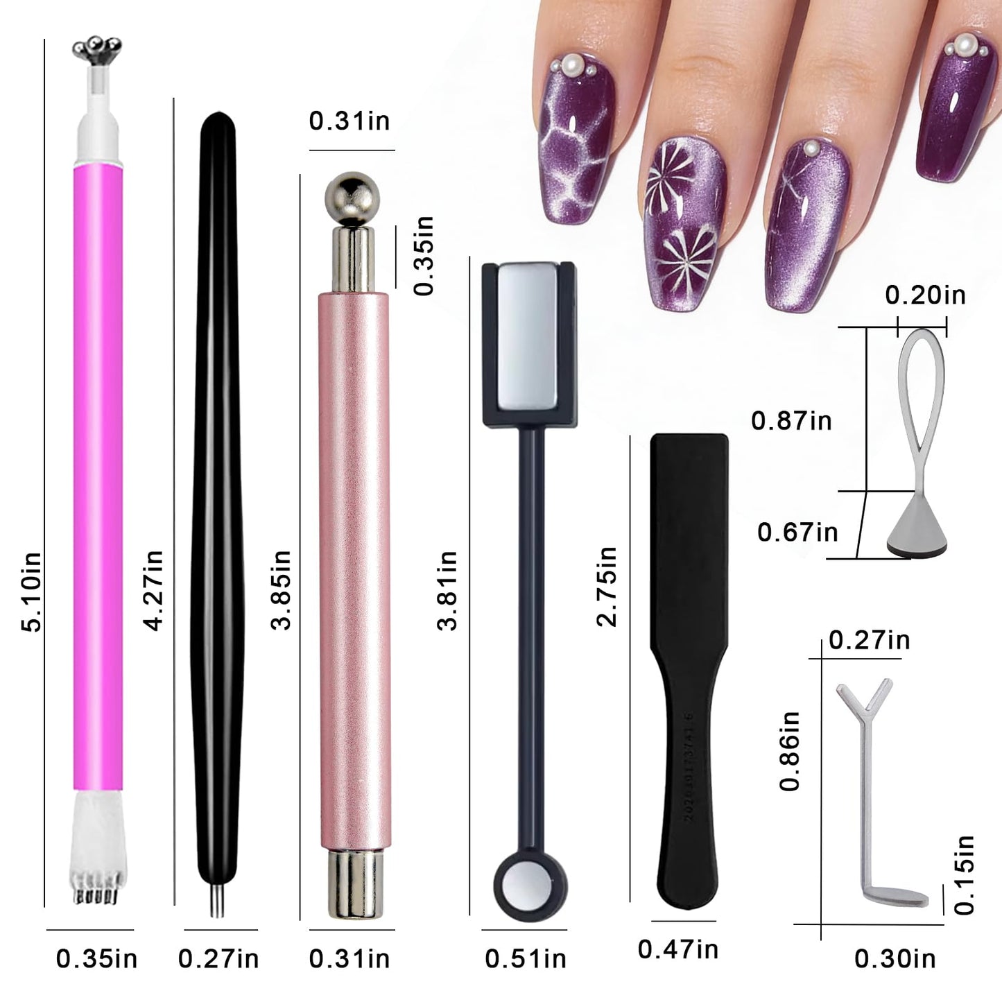YECIRALA 6 Pcs Nail Art Cat Eye Magnet For Nails With 2 Iron Molds, Nail Polish Magnet Tools Set Cylindrical Flower Heart Hole Nail Magnet With Magnet Ball For Nails Art Magnet Stick Magnetic Pens