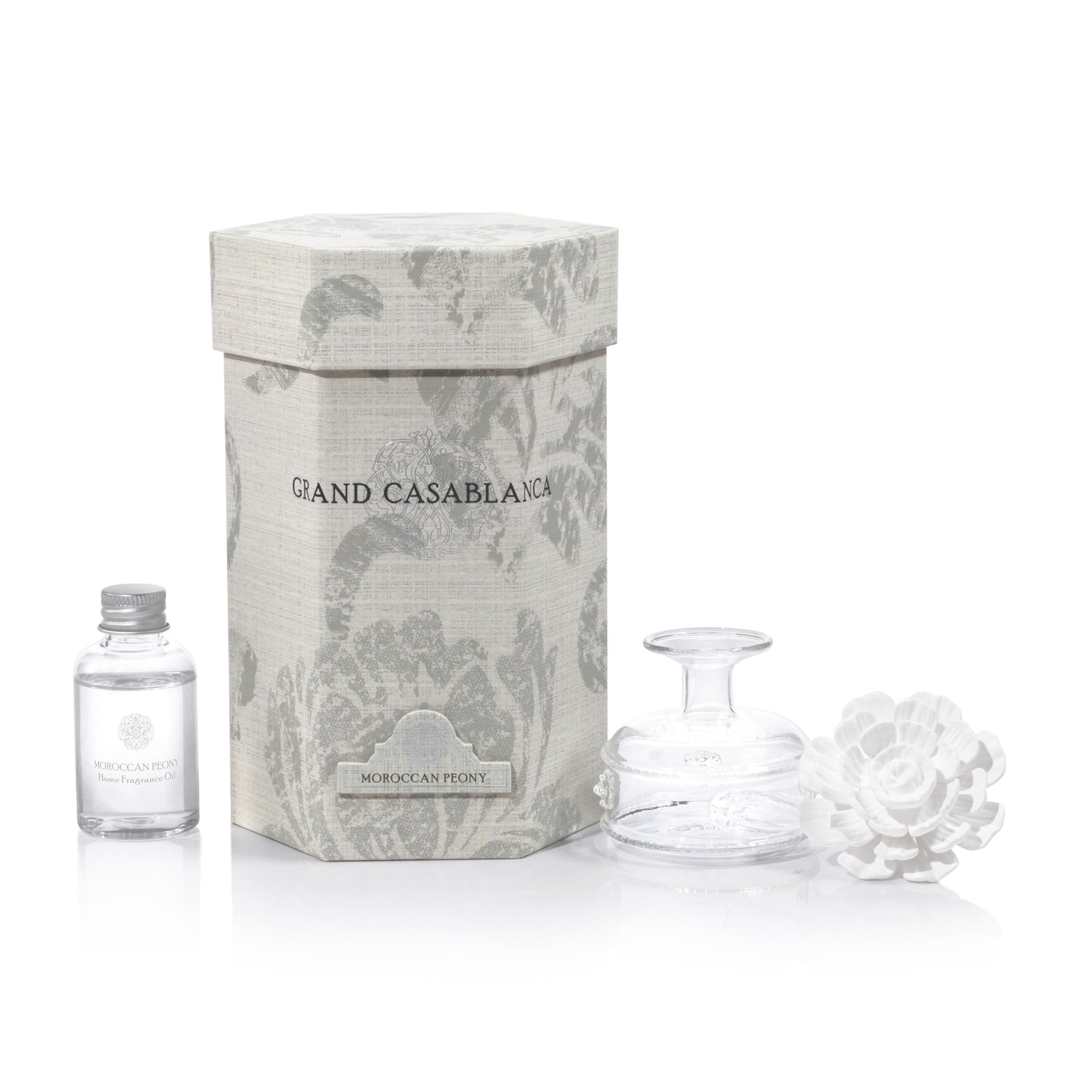 Zodax Grand Casablanca Reed Diffuser - Home Fragrance Oil Diffuser Ideal for Living Room, Bathroom, Office - Porcelain Flower Design - Gift Box Packaging Included - Moroccan Peony - 1.69 Oz.