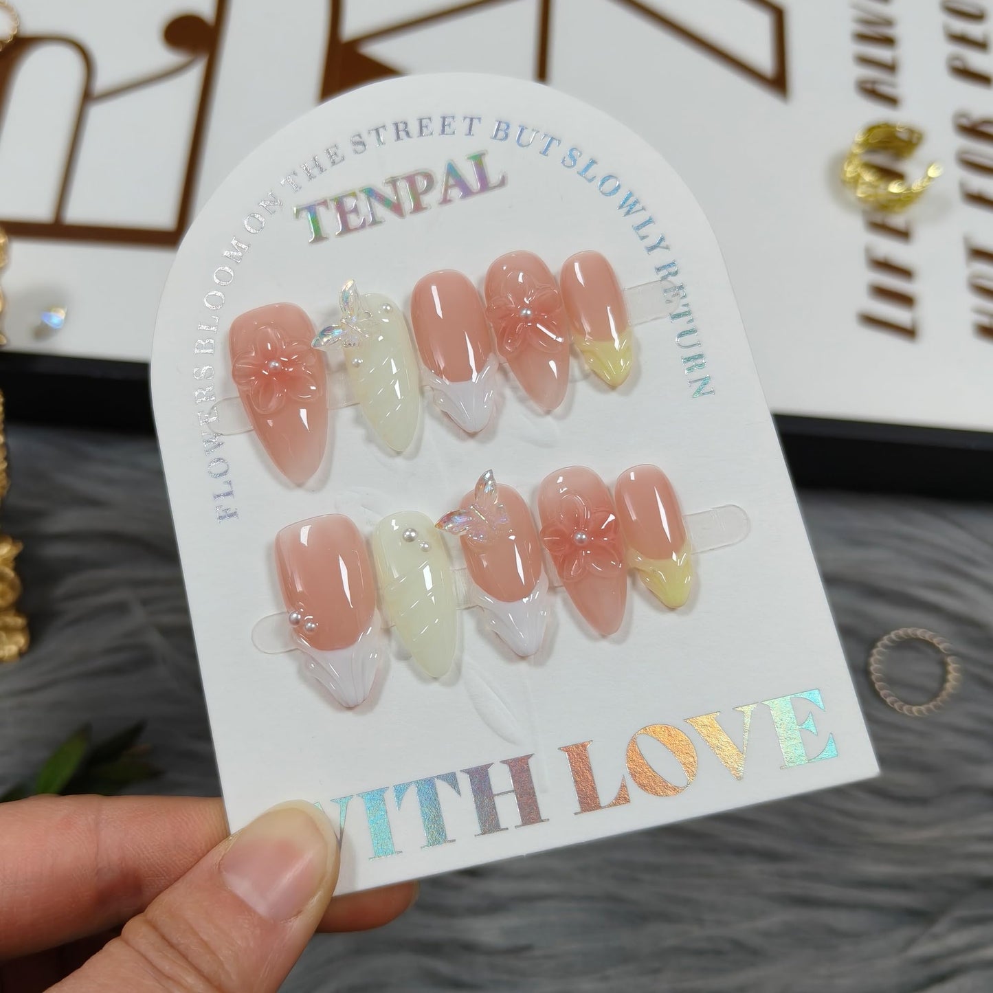 TENPAL Handmade Warm Yellow Blush French Tips Press on Nails Medium Almond with 3D Butterfly & Wave,Handmade & Reusable, Sheer Flattering False Nails for Everyday Summer Wear(M)