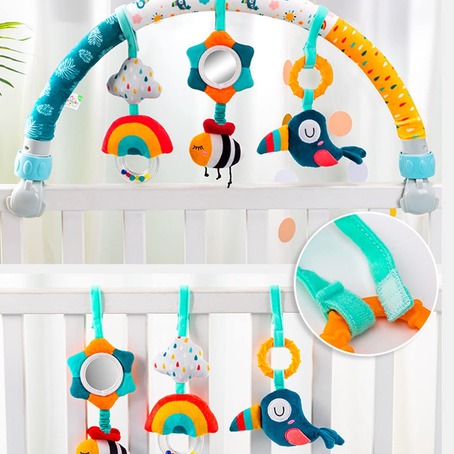 Caterbee Baby Bouncer Toy bar, Stroller & Crib Accessory, Pram Activity Bar Toy Travel Arch Bassinet Toys for Toddlers (Sky)