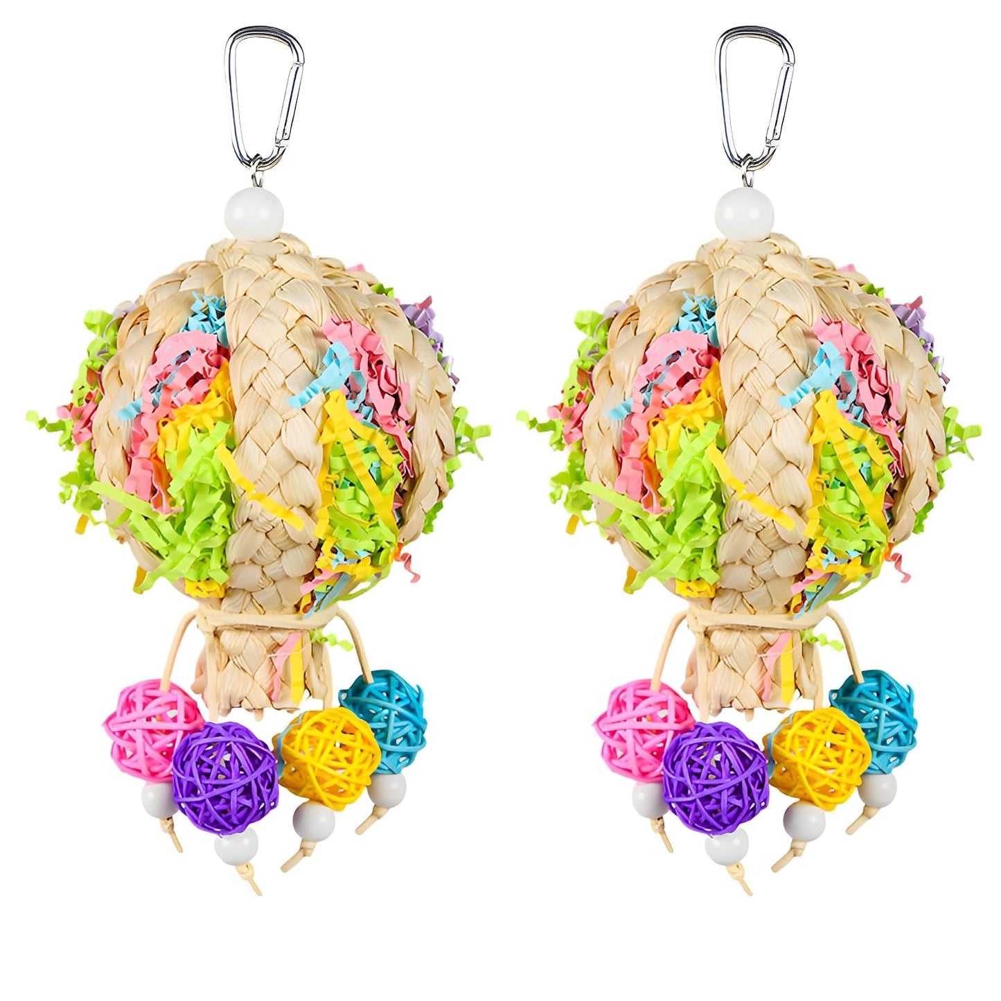 2 Pack Natural Hot Air Balloon Bird Toy, Hand-Woven Parrot Foraging & Chew Toy with Colorful Rattan Balls, Boredom Relief for Small to Medium Parakeets, Cockatiels, Conures