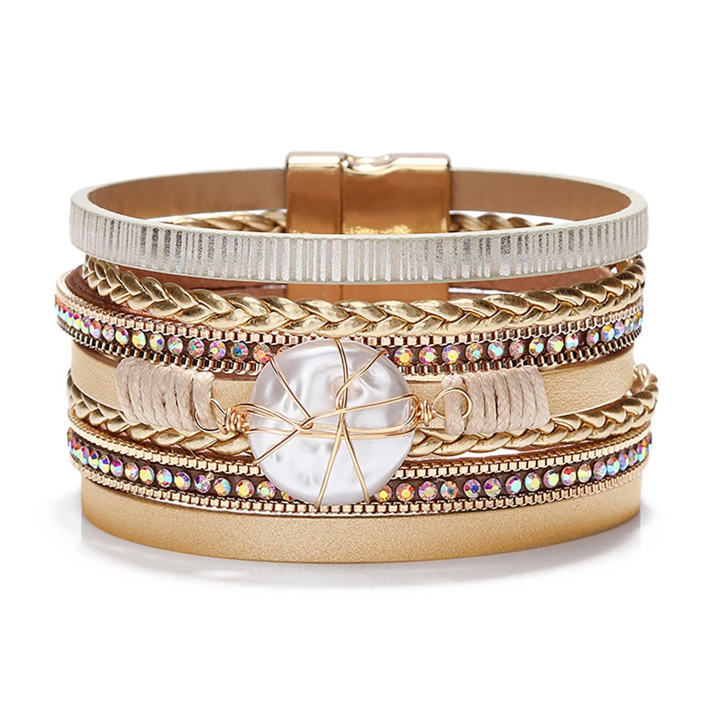 Fesciory Leopard Bracelet for Women, Boho Leather Wrap Multi-Layer Pearl Crystal Bracelet Bangle Jewelry(Round Pearl)