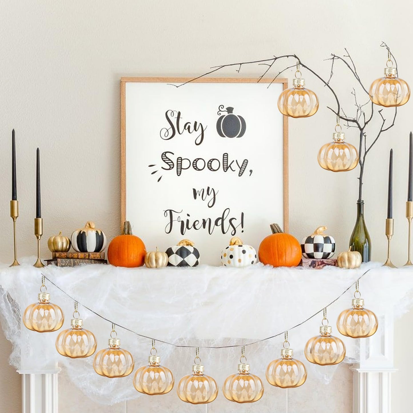 YiYa 12 Pcs Fall Pumpkin Ornaments Glass Pumpkin Hanging Ornaments for Tree Thanksgiving Tree Ornament Set for Autumn Thanksgiving Halloween Xmas Home Decoration
