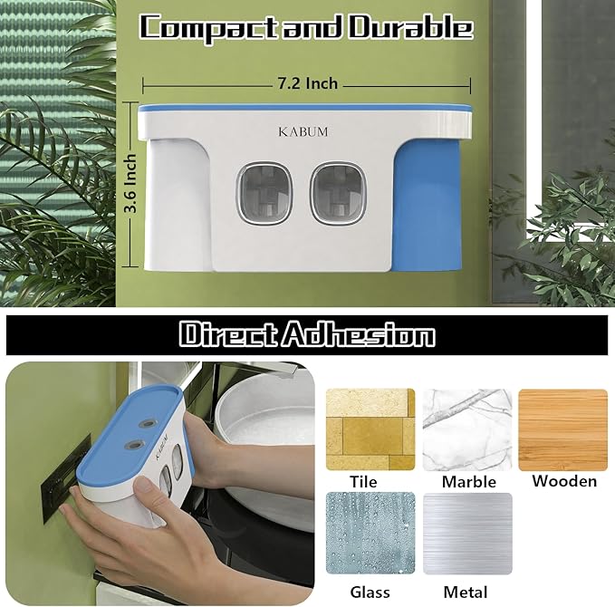 Toothbrush Holders for Bathroom Organizer, 2 Cups Automatic Toothpaste Dispenser Squeezer Kit Wall Mounted for Bathroom Set, Ideal Bathroom Accessories.Blue
