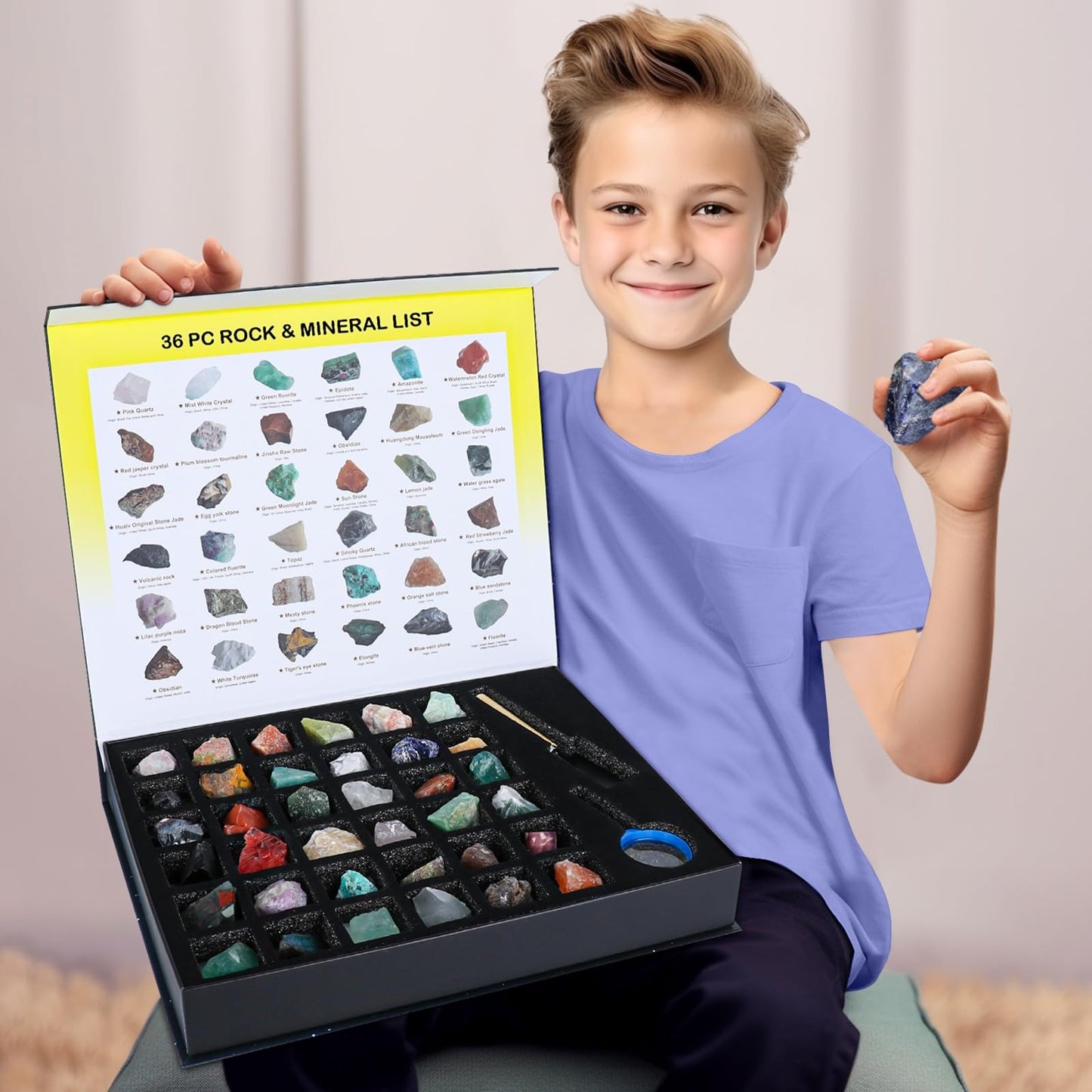 BTYCityMao Rock Collection for Kids - 36pc Cool Rocks and Gems Stones Crystals Kit - Rocks and Minerals Science Kit with Learning Guide - Earth Science Activity Kit - Rock Collection Box for Kids