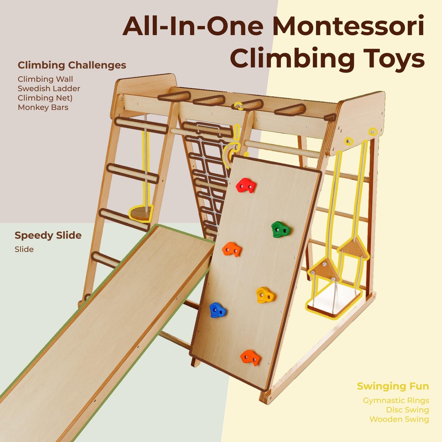 LINKHOO Large Wooden Indoor Jungle Gym for Kids Ages 2-6, Montessori Climber Playset w/Slide, Climbing Net, Monkey Bars, Swing- Indoor Playground Birthday Gift