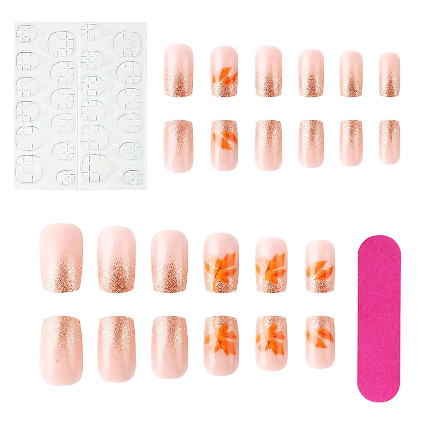 Thanksgiving Press On Short Nails Acrylic Glossy Full Cover Fall False Nails with Maple Leaf Designs Artificial Autumn Leaves Glue Ons Fake Nails for Women Girls (YS253)