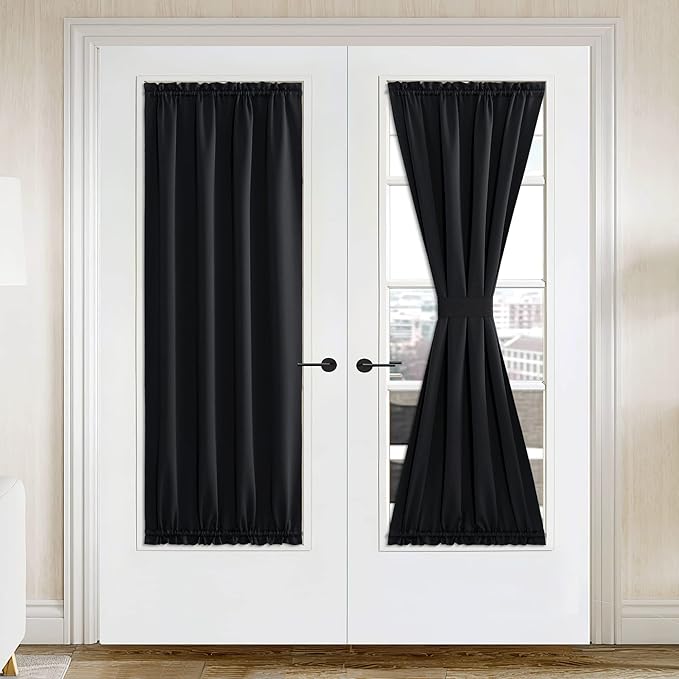 NICETOWN Blackout Door Curtain - Privacy Thermal Insulated French Door Cover for Kitchen Room Darkening Window Curtains for Patio Front Glass, W42 x L72 inches, 1 Panel, Black