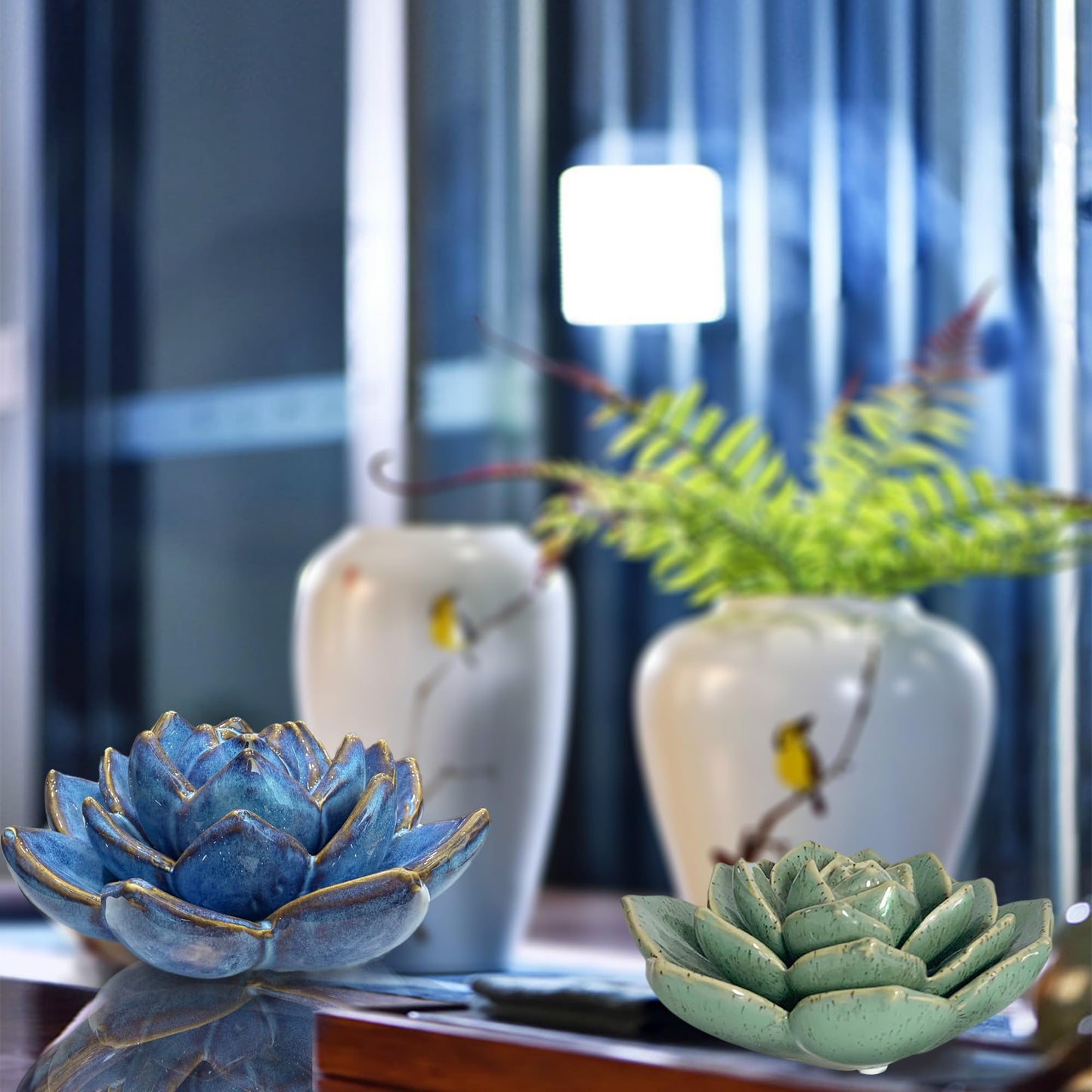 Hydrone Design Ceramic Succulent Flowers Table Top with Stable Base, 3D Handmade Tablescape Decorative (Green)