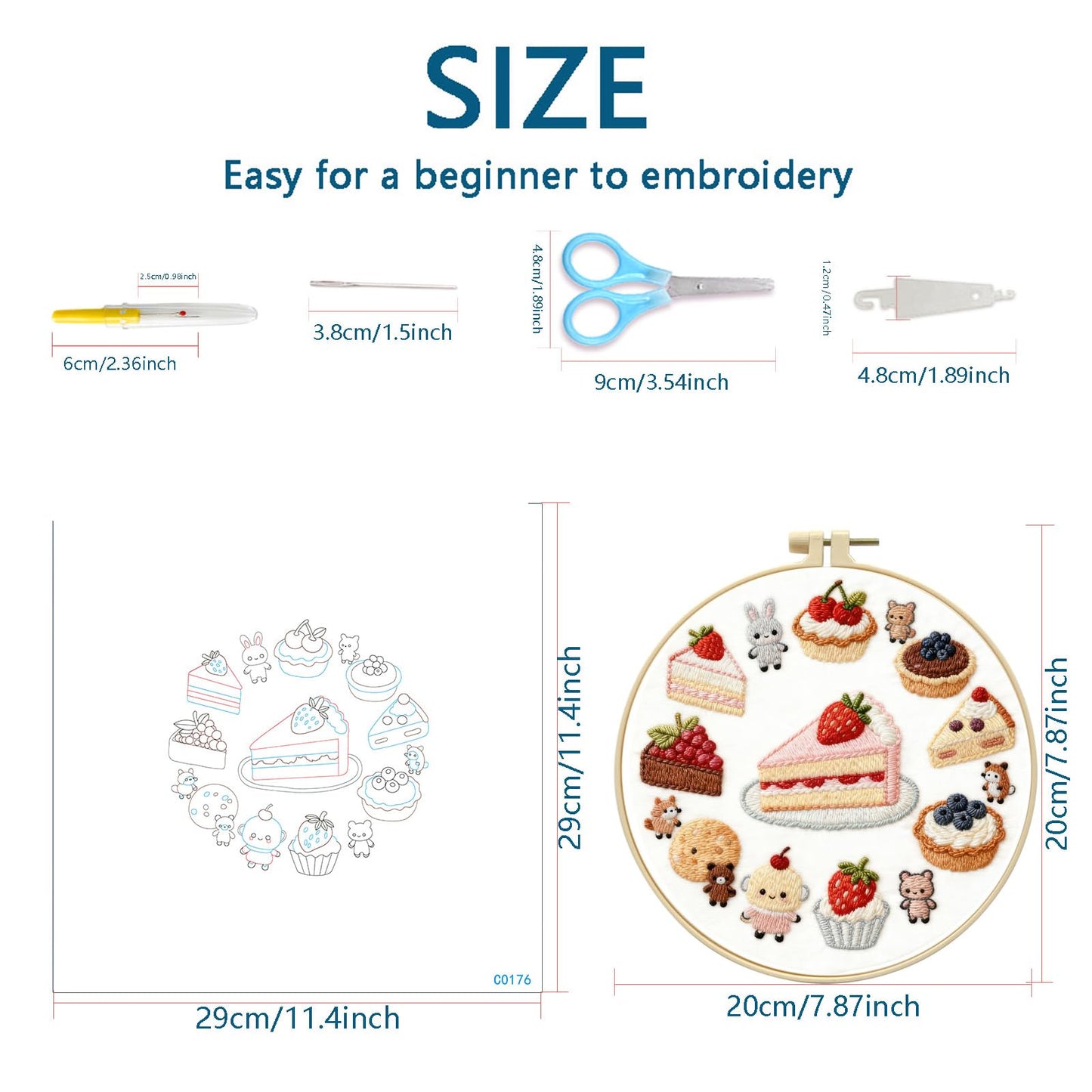 Embroidery Set for Beginners, 4 Sets Cake Fruit Beginner Embroidery Kit for Adults, Includes Embroidery Clothes with Pattern, Hoop, Instruction Manual, Color Stitch Set