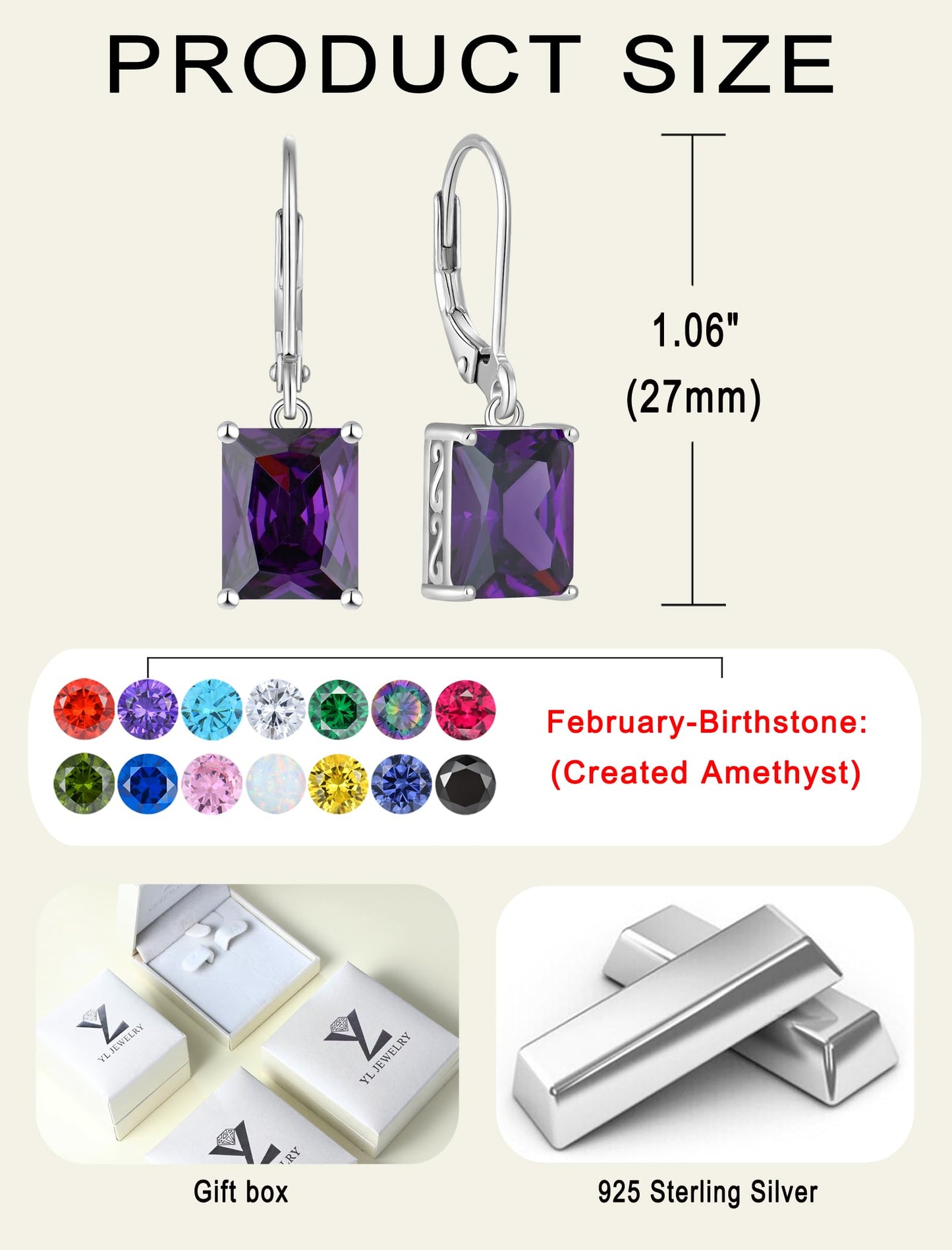 YL Solitaire Dangle Drop Earrings 925 Sterling Silver Leverback Earrings 8X10MM Square Created Amethyst Jewelry