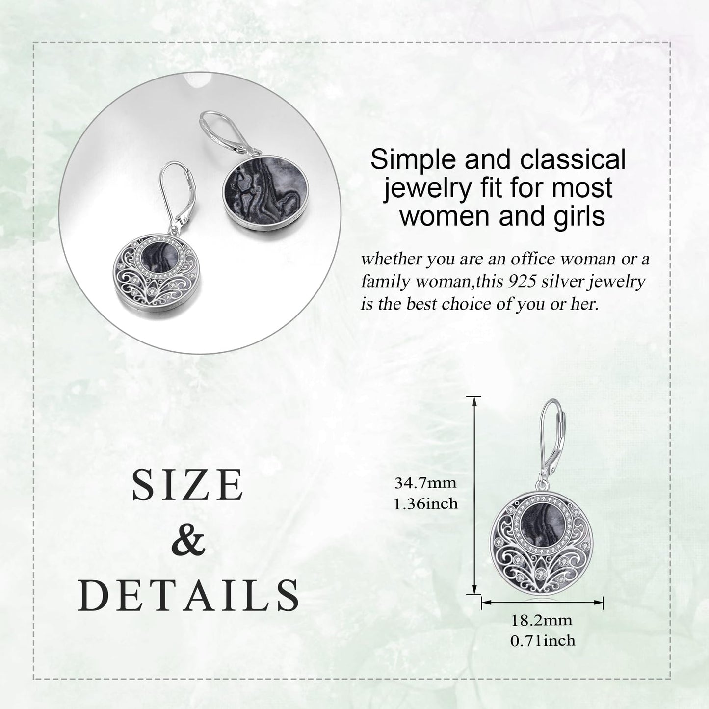 Sterling Silver Nature Stone Filigree Leverback Dangle Earrings Jewelry Gifts For Women