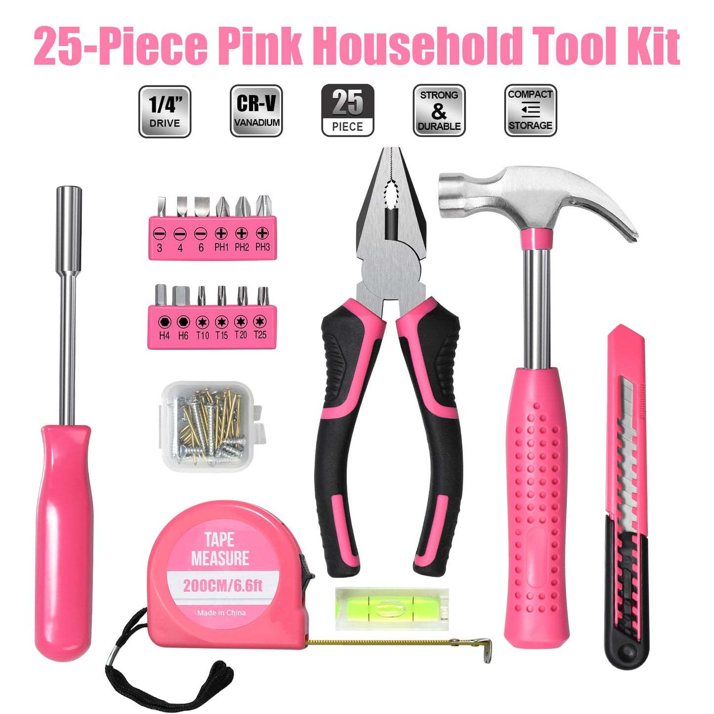 ZUZUAN Tool Set 25pc Pink Household DIY Tool Kit for Women,Small Mini Tool Box for Easy of Carrying, Starter Basic Ladies Tools Perfect for DIY, Home Maintenance