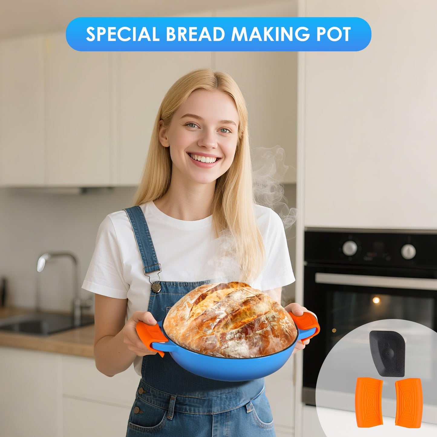 LIFERUN 6qt Enameled Cast Iron Dutch Oven for Sourdough Bread Baking, Non-Stick Dome-Shaped Bread Oven Pot with Lid, Silicone Handles and Scraper, Blue