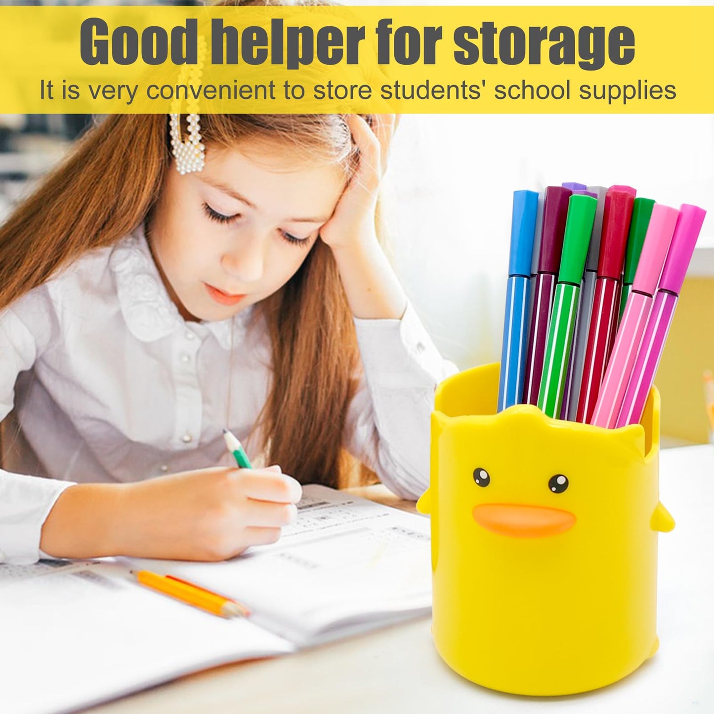 inheming 2 Pcs Pencil Holder for Kids, Cute Cartoon Little Yellow Duck Pen Holder, Multifunctional Phone Holder Makeup Brush Holder Stationery Storage Cup