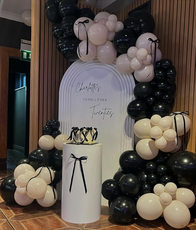 Black White Balloon Arch Kit,Sand White Black Bow Balloon Garland with Black and White Long Balloons for Birthday Baby Shower Anniversary Wedding Party Decorations