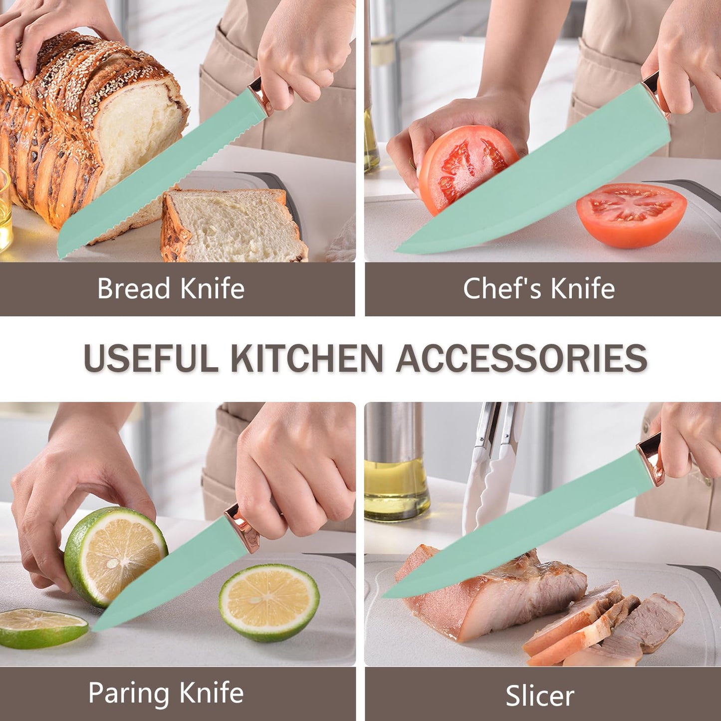 Cooking Utensils Set - 19 Piece Set with 11 Spatulas, 6 Sharp Knives, Silicone Utensils & Cutting Board (Green)
