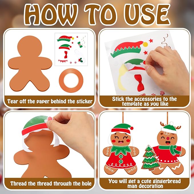 Frienda 48 Set Christmas Gingerbread Craft Kit Make a Gingerbread Man Ornament Stickers Bulk DIY Arts and Crafts for Xmas Tree Decoration Fun Christmas Party Favors Home Game Activities