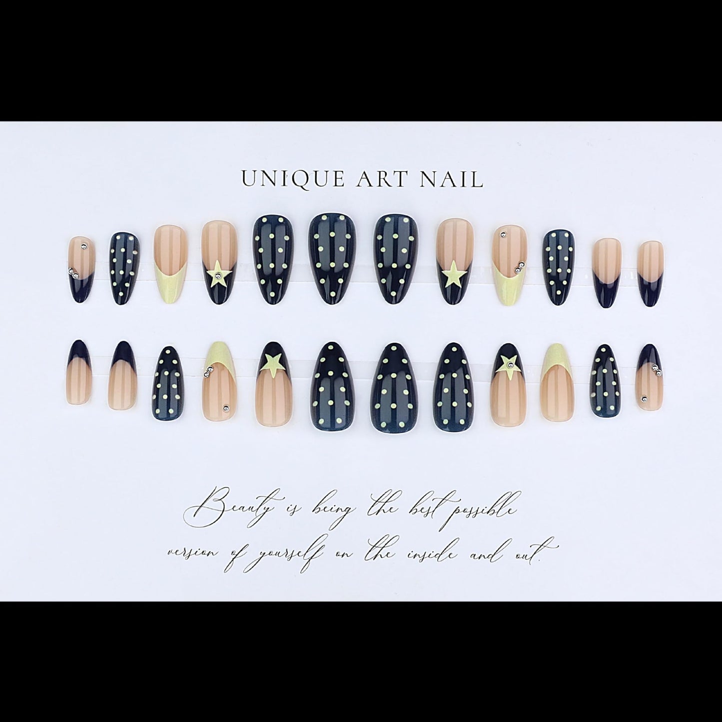 octoswave Press on Nails Long Almond Shape Star and Polka Dot Design Celestial Navy Blue French Tip False Nails for Women Party and Prom Night 24 Pcs