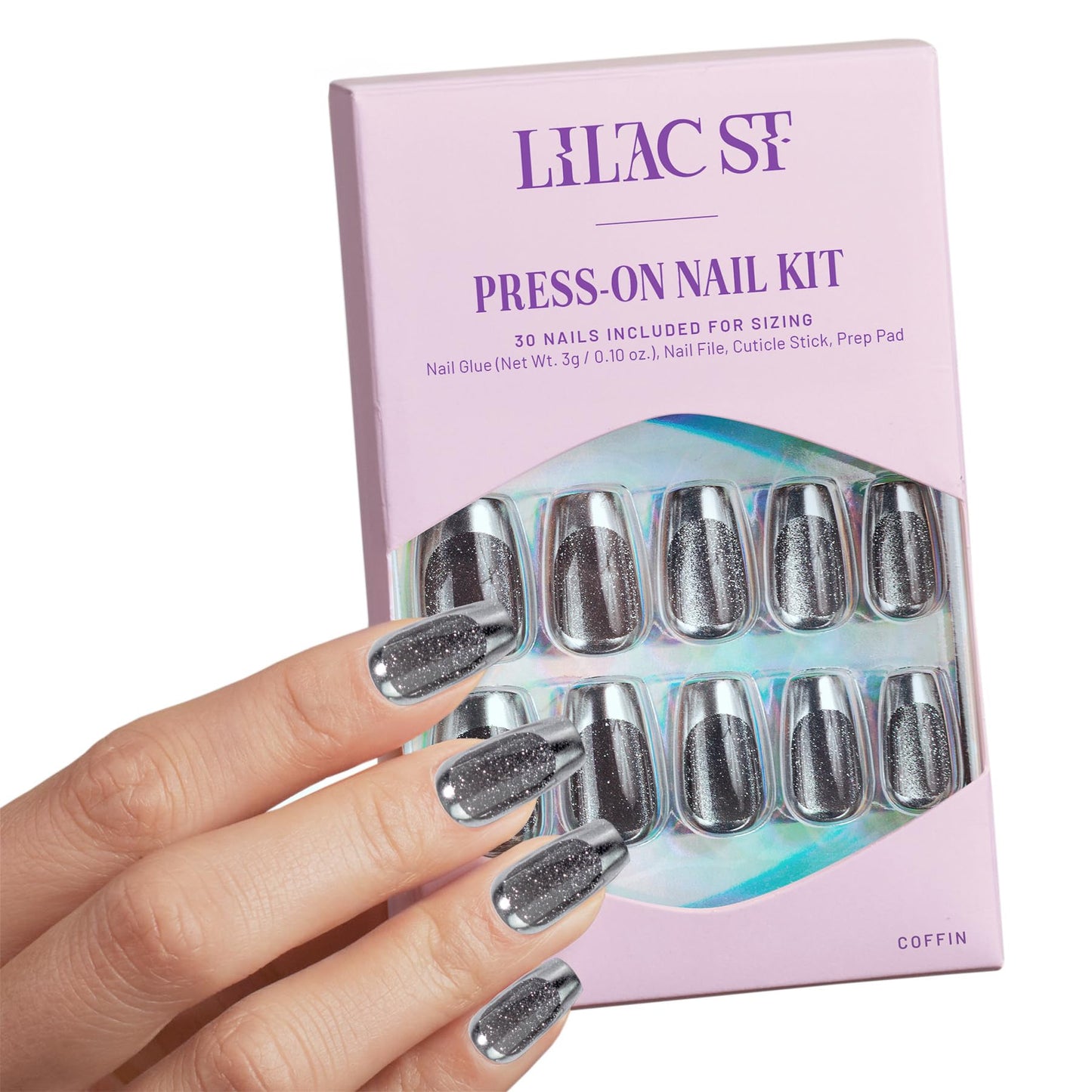 Lilac St - Press on Nails, Silver Lining (30 Nails, 15 Sizes) - Medium, Coffin, Glossy, Opaque - Brush On Nail Glue, Nail File, Cuticle Stick, Prep Pad - Cruelty Free, Vegan, Women Founded