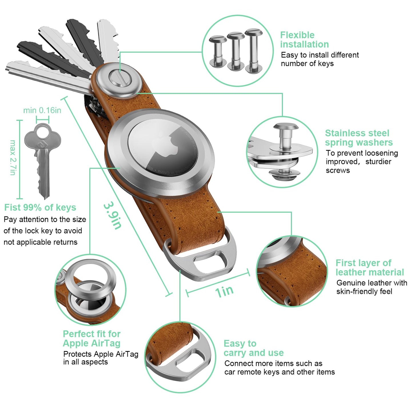 Loovike.com Leather Key Organizer KeyChain with Airtag | Airtag Keychain Holder - Compatible with Airtag Holder,(Not Include AirTag)(Crazy Horse)