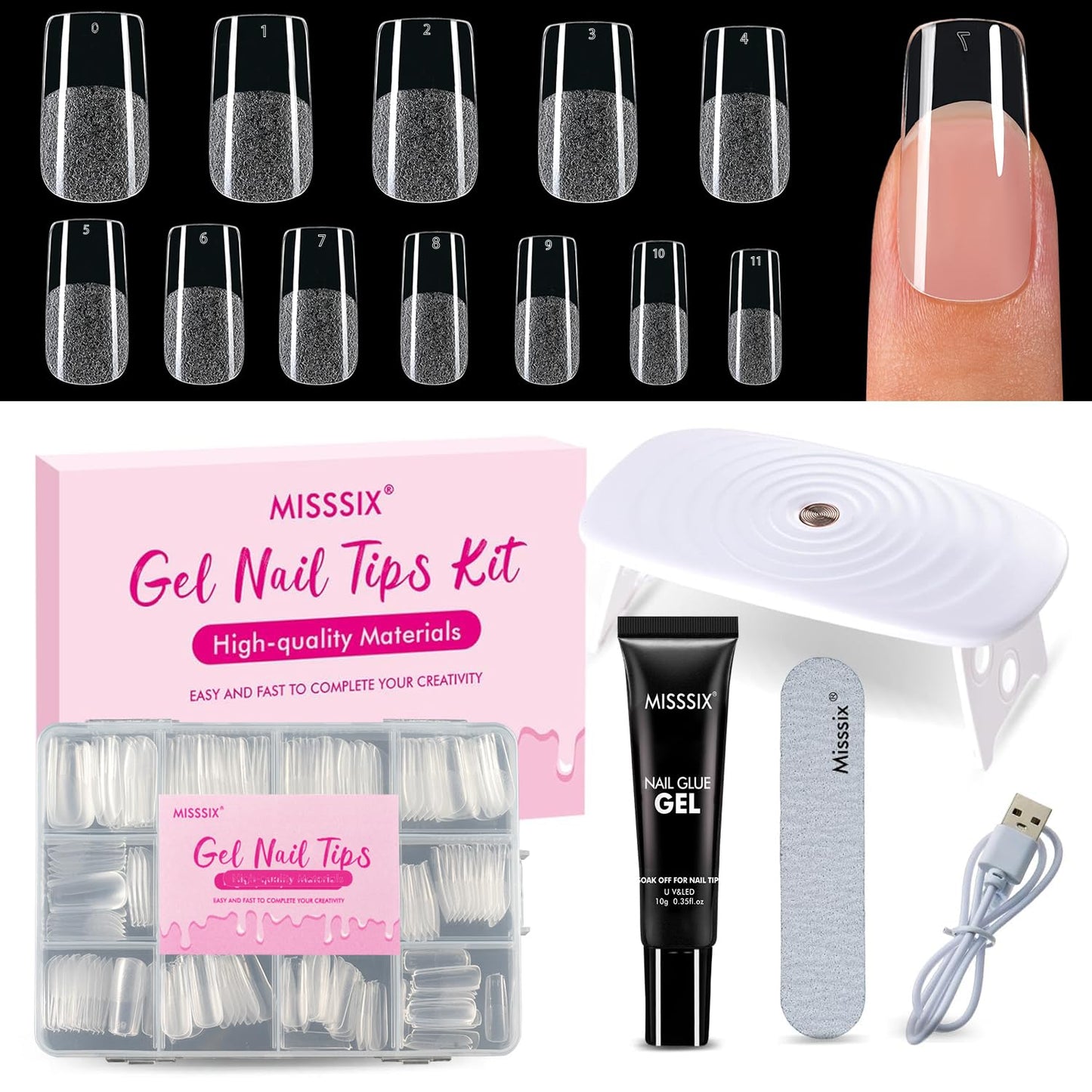 Misssix Medium Square Gel x Nail Tips Kit, 216Pcs Pre Etched Clear Fake Nails, Full Cover False Nail 9-in-1 Gel Glue and Portable Mini U V Nail Lamp for Women 12 Sizes