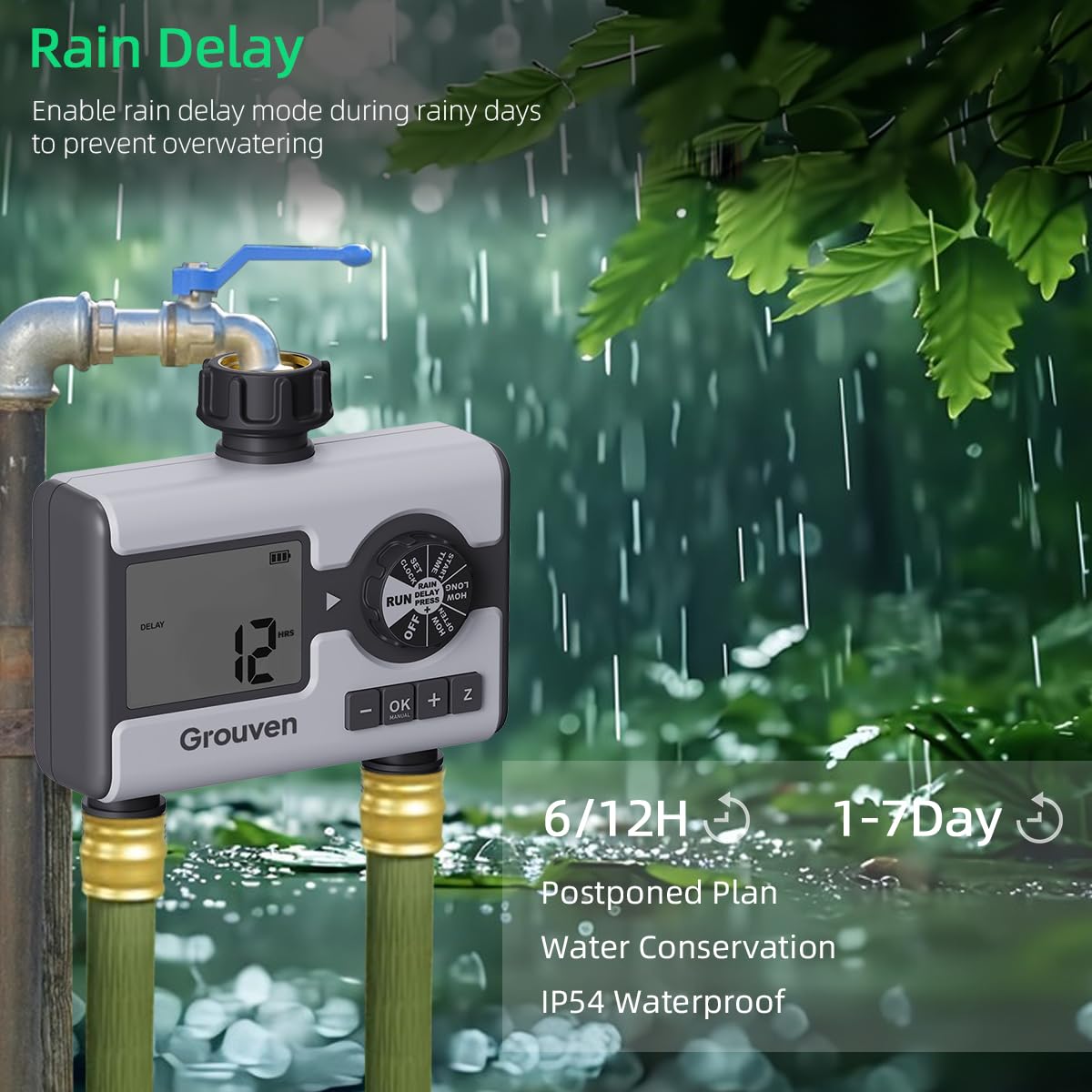 Water Timer for Garden Sprinkler Hose Timer with Rain Delay, Manual, Automatic Watering System Programmable，2 Outlet