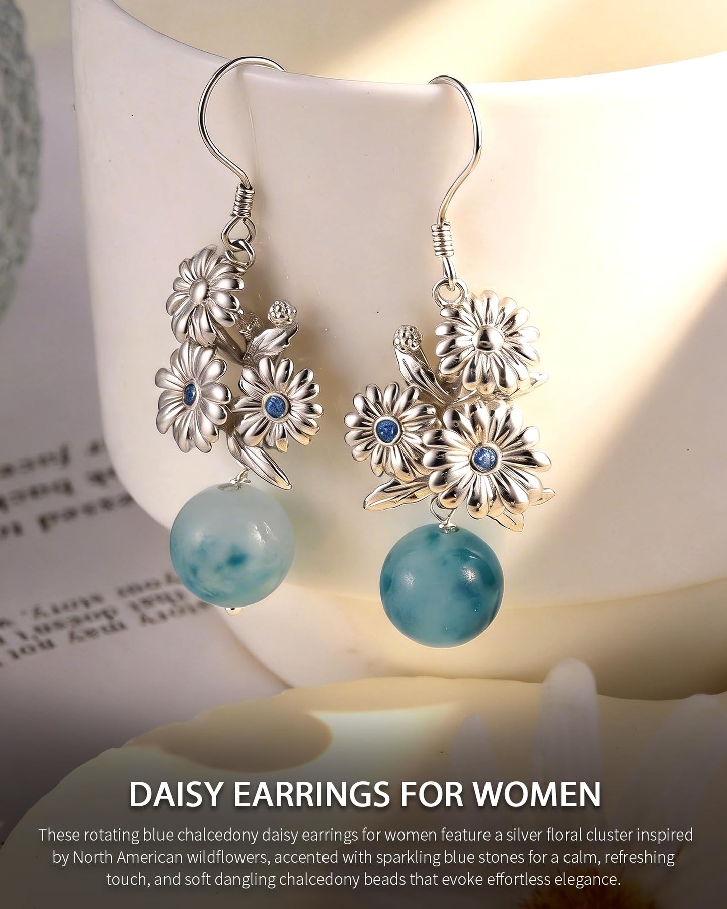 Daisy Dangle Earrings for Women - 925 Sterling Silver Blue Chalcedony Elegant Jewelry Daisy Gifts for Wife Girlfriend