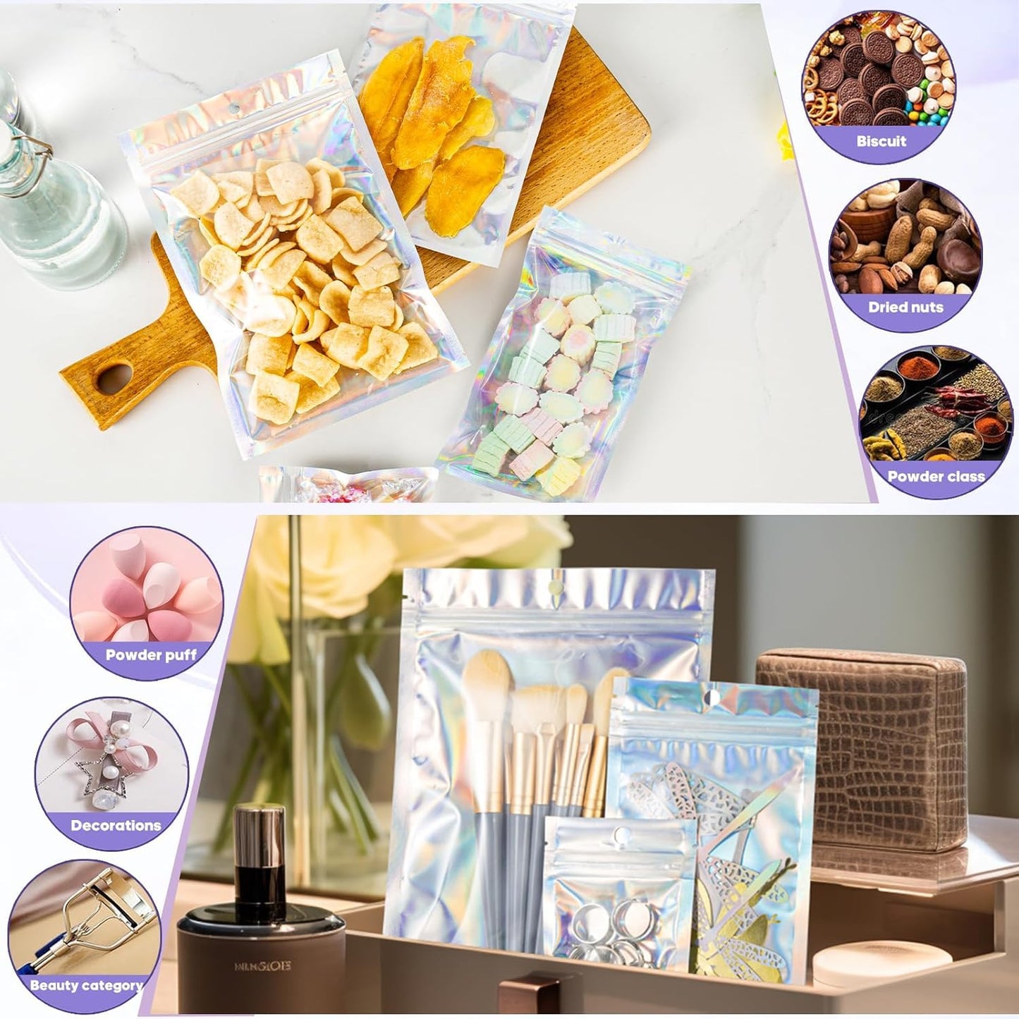 100Pcs Holographic Packaging Bags, 5.9x8.6 inch Resealable Foil Pouch Mylar Sample Bag Great for Small Business and Party
