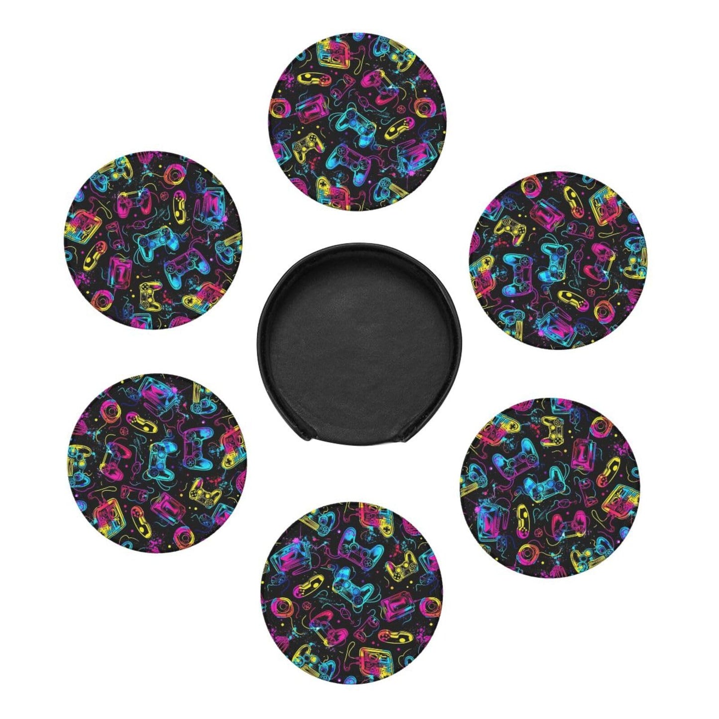 BOXIMIAO Drink Coasters with Holder Stand Set of 6, Bright Game Controller Pu Leather Absorbent Coasters with Cork Base Table Coaster Round Coasters for Housewarming Apartment Kitchen Bar Decor
