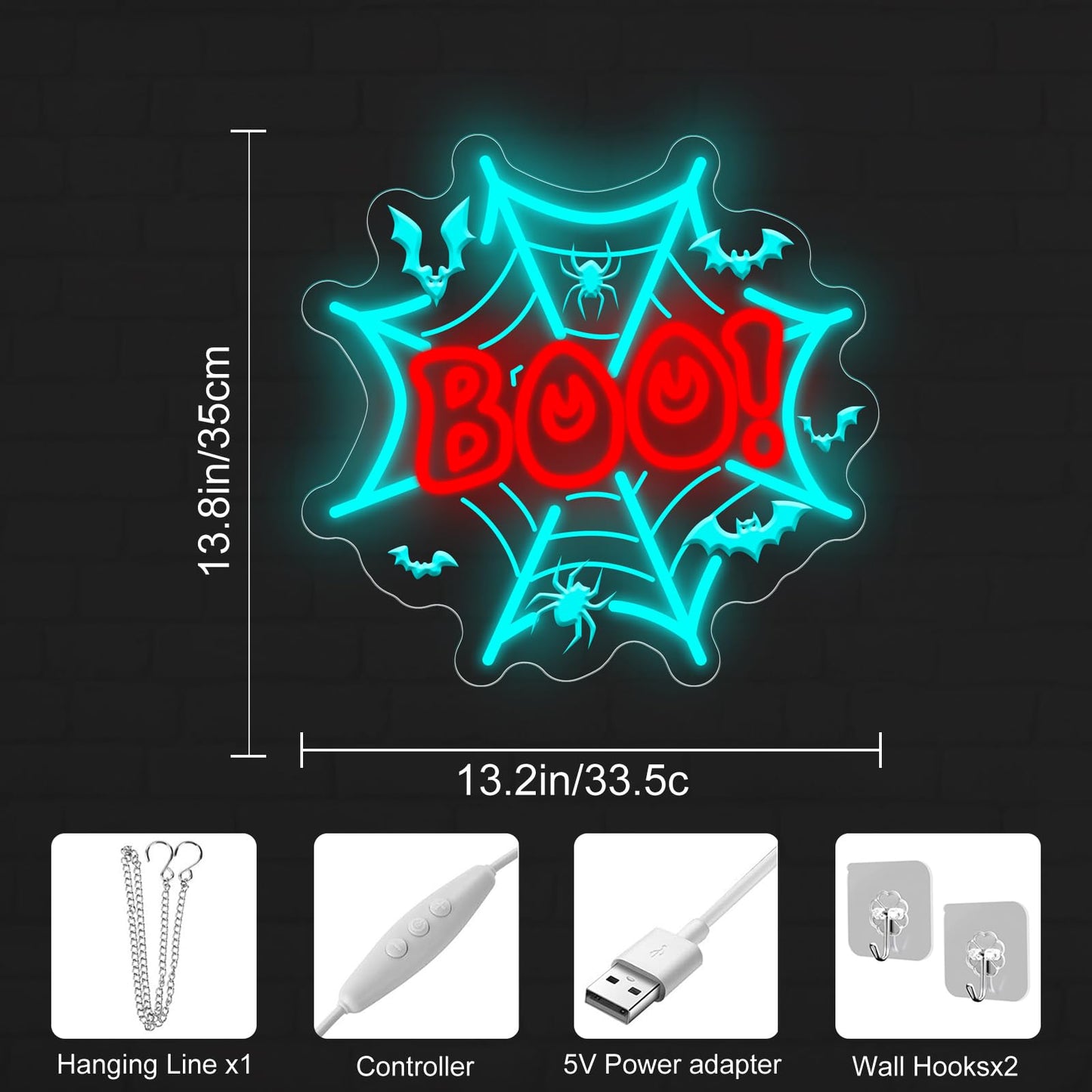 Boo Neon Sign Halloween Decors Spider Web LED Light Bats Decors Boo Dripping Sign Spooky Haunted House Party Wall Art, Ice Blue+Red, 13.8"x13.2"
