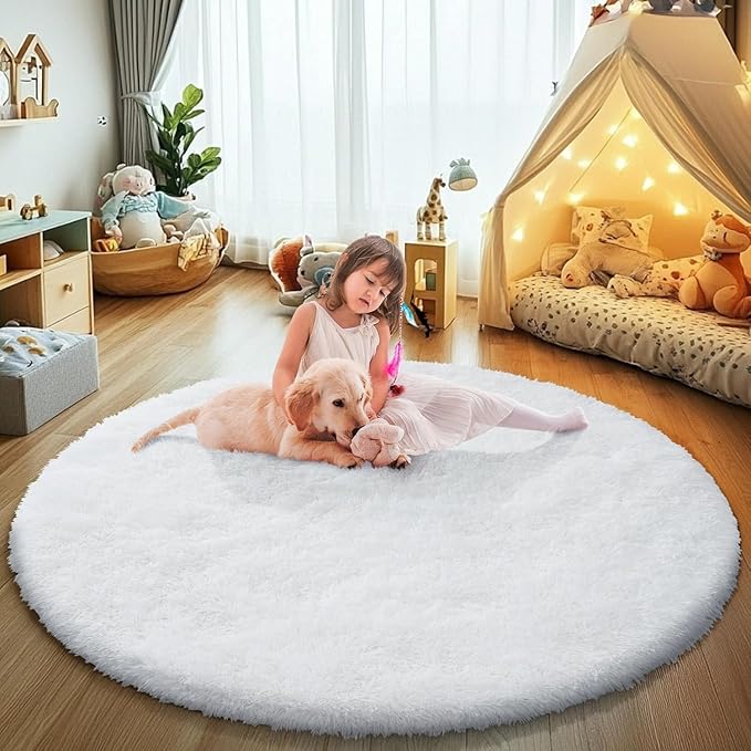 yulidayang White Fluffy Round Area Rugs for Bedroom,4'X4'Shag Circle Area Rugs for Girls Room,Non Slip Fuzzy Plush Rug for Kids Room Living Room and Dorm Home Decor Rug