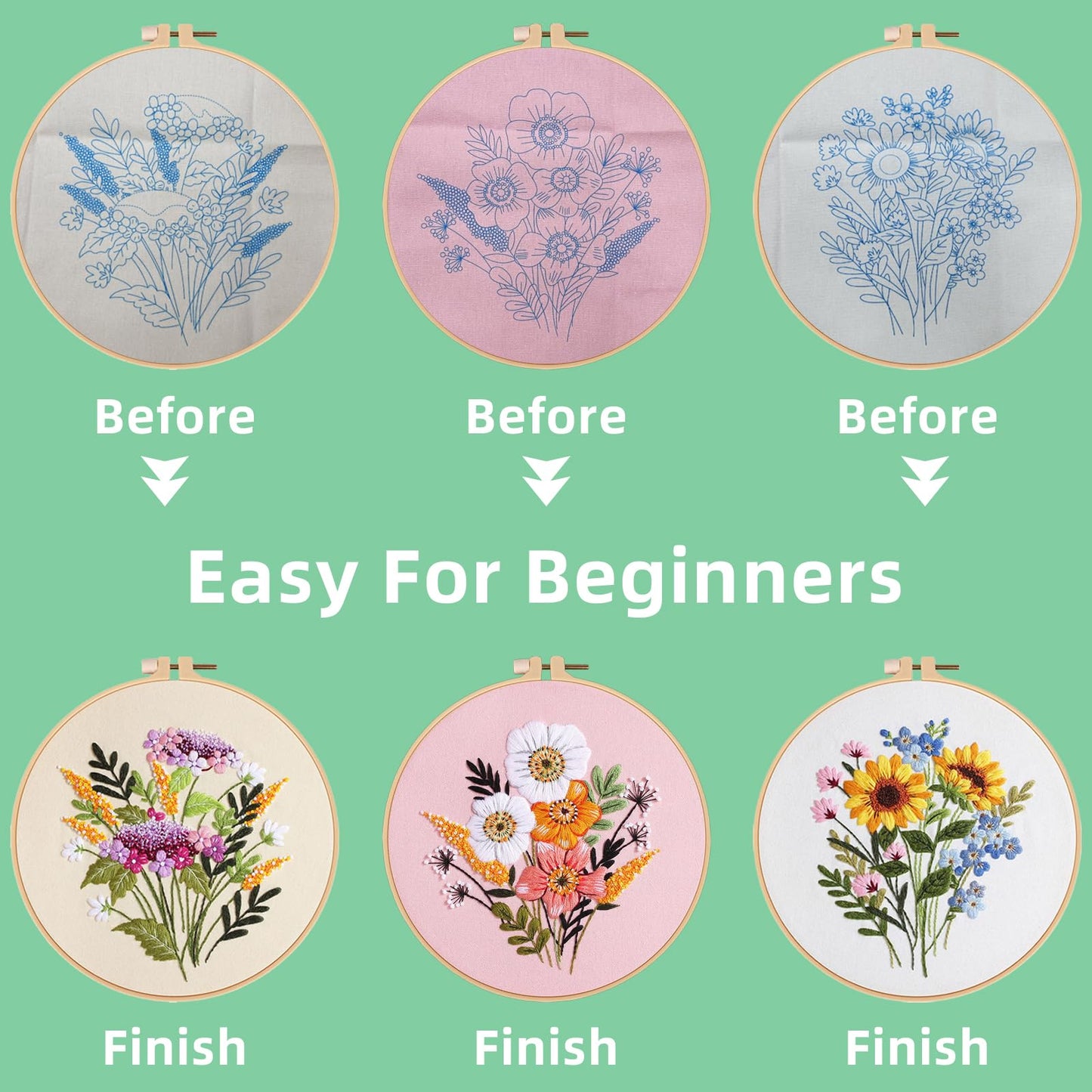 Herdiese 3PCS Embroidery Kit for Beginners with Floral Patterns – Cross Stitch Kits for Adults Including Hoop, Pre-Printed Fabrics, Threads, 9 Needles & Scissors – Easy Instructions