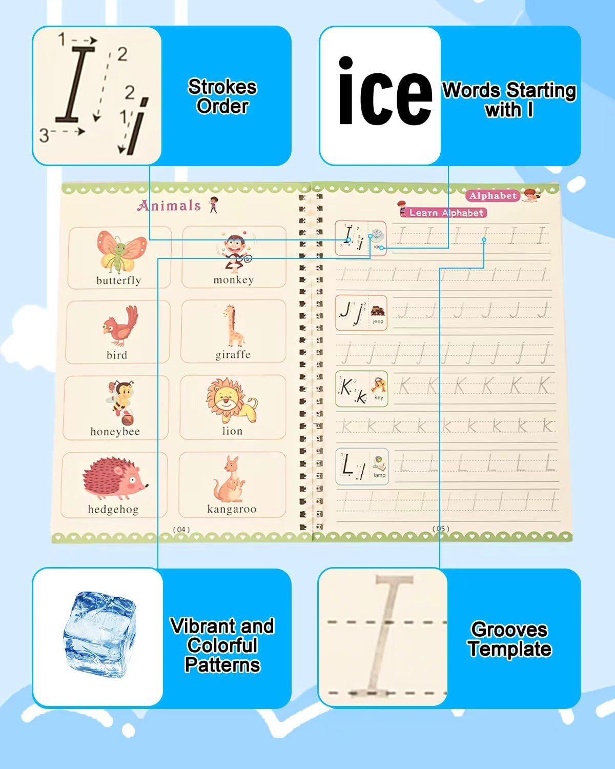 Magic Ink Practice Copybooks, Reusable Grooved Handwriting Practice for Kids Ages 3-7, Montessori Groove writing Preschool Workbook