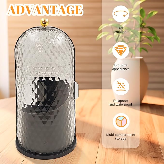 360 Rotating Makeup Brush Holder Organizer With Lid - Multifunctional Toothbrush Holder With Cover For Bathroom Countertop - Dustproof Storage For Make Up Brushes Toothbrush Toothpaste (Black)