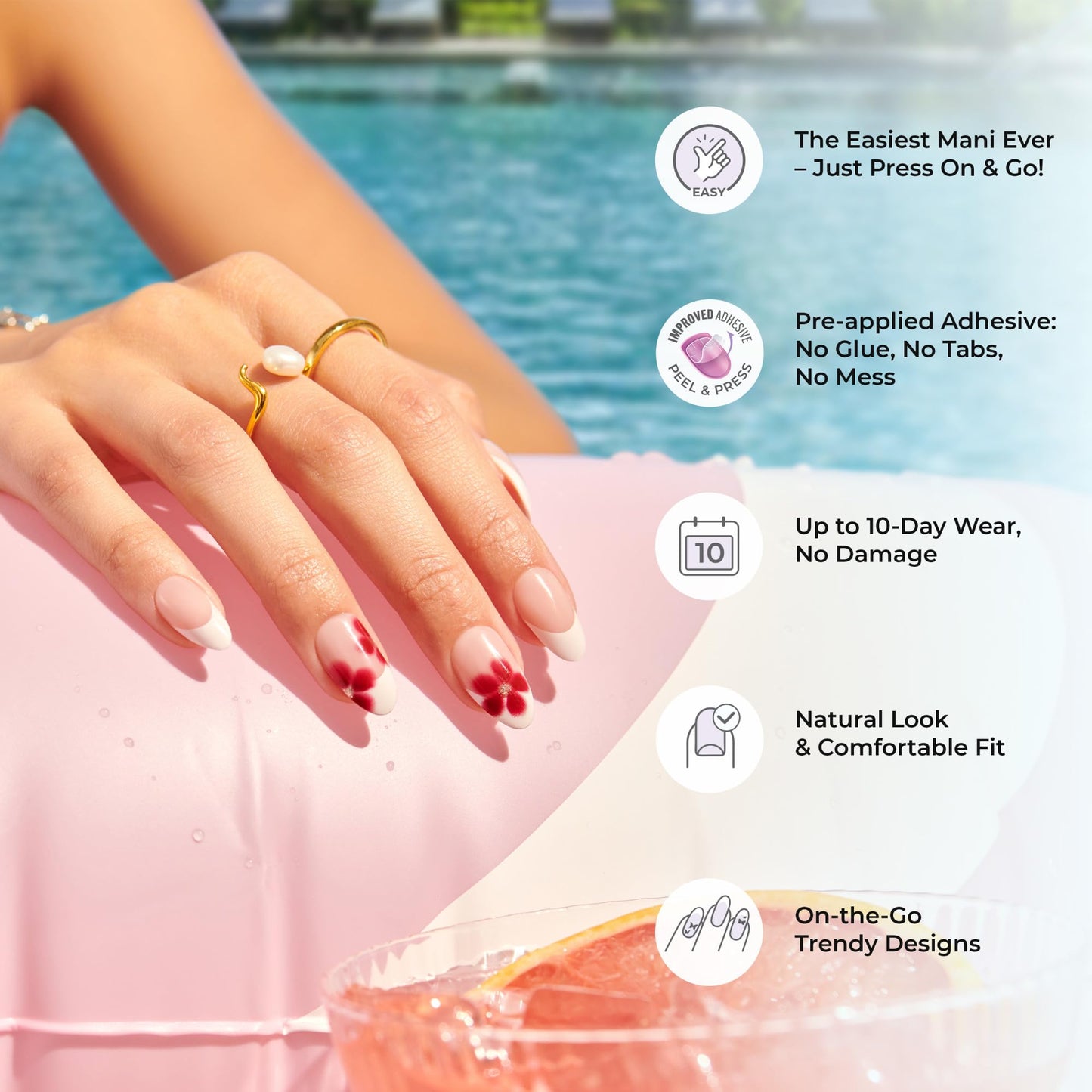 Kiss Impress No Glue Mani Press On Nails, Design, 'Amerie', Multicolor, Medium Size, Almond Shape, Includes 30 Nails, Prep Pad, Instructions Sheet, 1 Manicure Stick, 1 Mini File