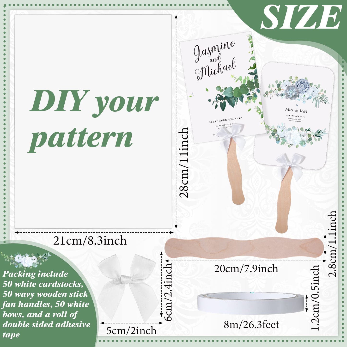 TaoBary 50 Set Church Fan Handheld Set Wedding Fans for Guest Bulk, Personalized Custom Fans Kit with Wavy Wooden Sticks Blank Cardstock White Bows & Tapecustom