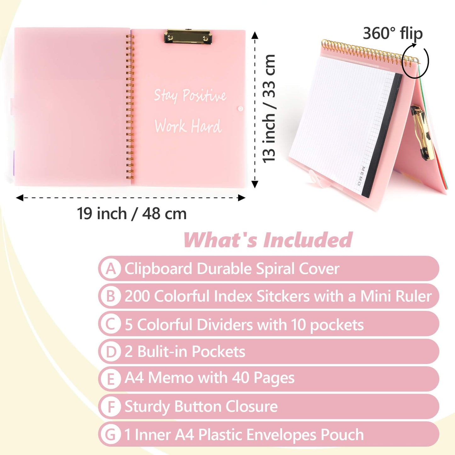 Clipboard Folio with Notepad, Multifunctional Clipboard Folder with Storage, 5 Folders with 11 Pockets, Waterproof Organizer with Refillable Notepad 40 Pages, Lightweight, Button Closure (Macron Pink)