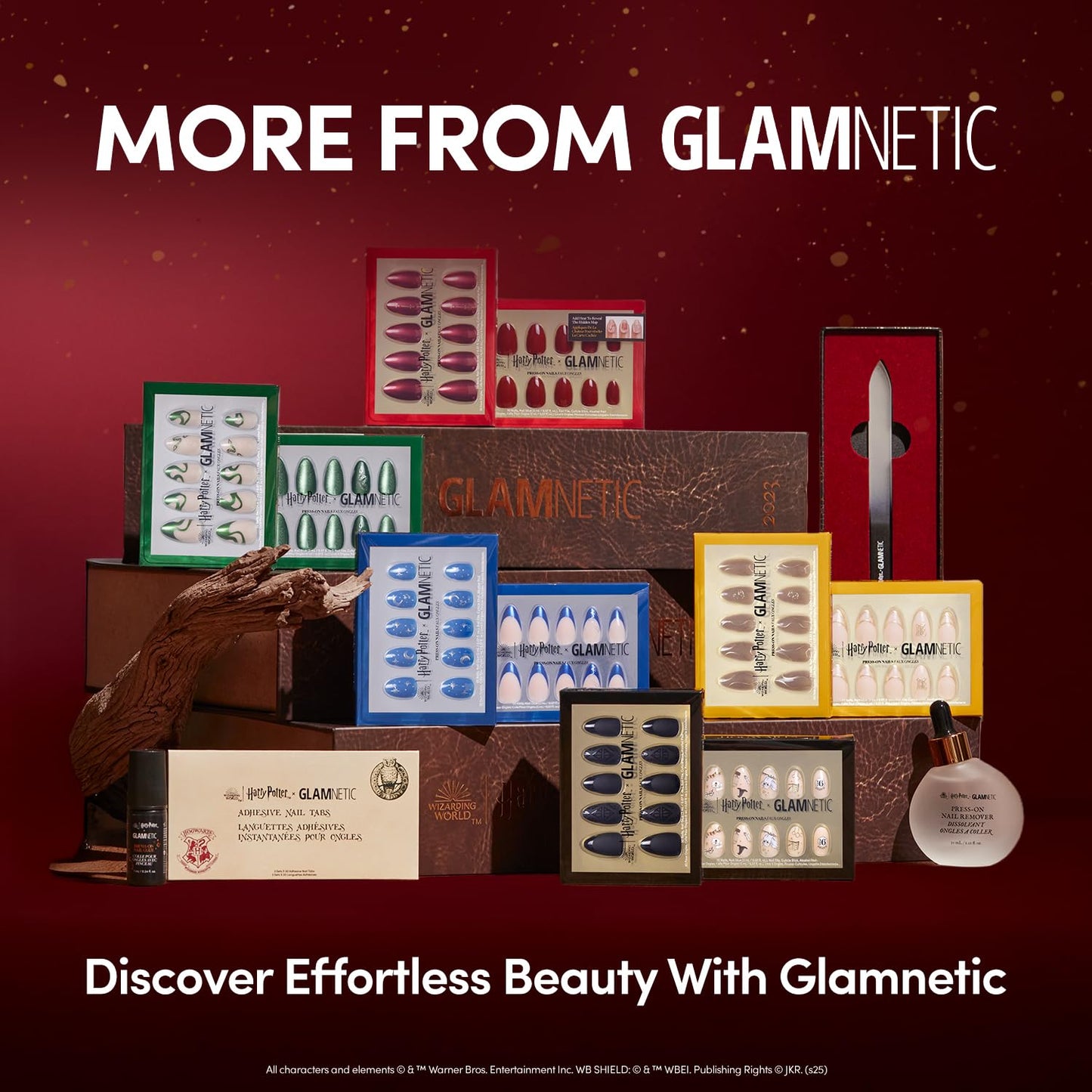 Harry Potter™ x Glamnetic Press On Nails - Golden Cup™ | Semi-Transparent Brown 3D Gold Graphic Short Almond Fake Nails in a Chrome & Glossy Finish | 15 Sizes - 30 Nail Kit with Glue