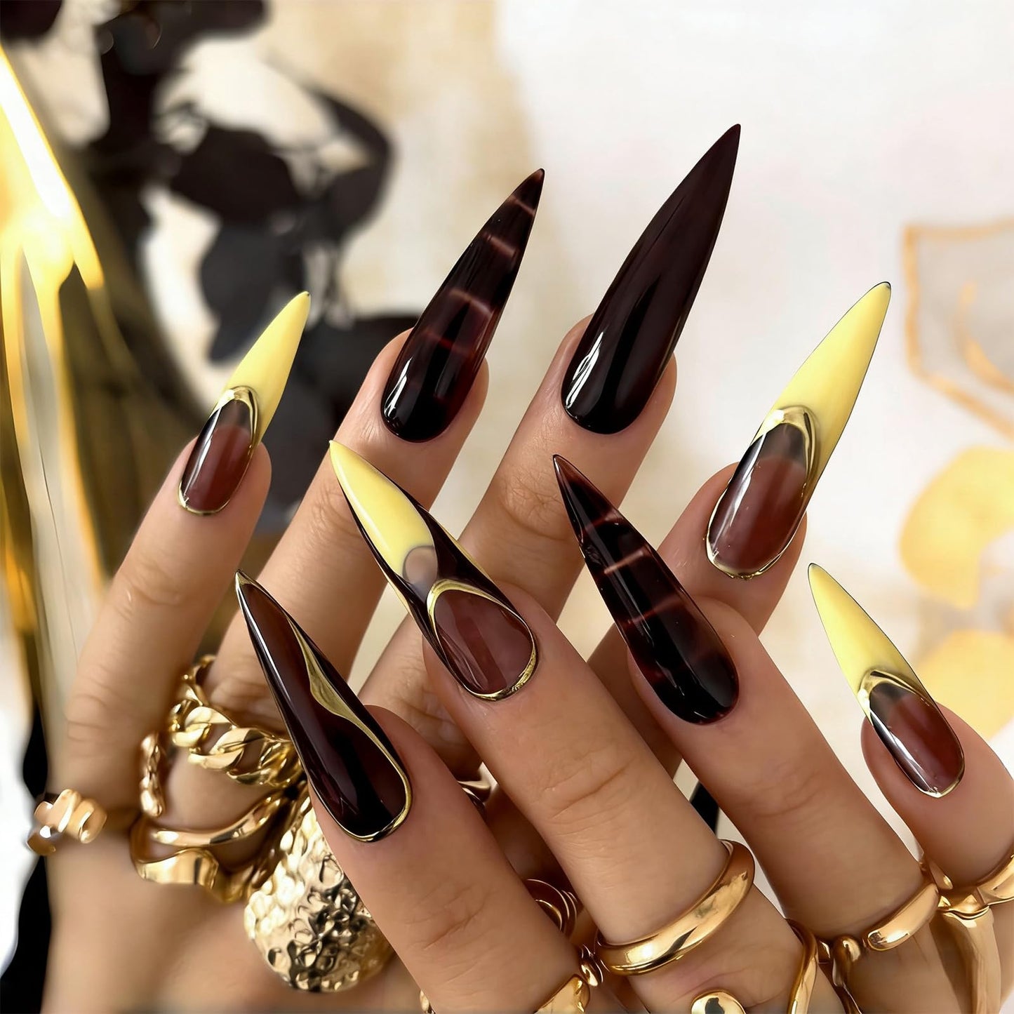 SINHOT Stiletto Press on Nails - Long Fake Nails, Glossy Finish, Brown Yellow French Tip & Gold Chrome, Reusable Artificial False Nail Art - 24 Pcs Nail Kit with Glue
