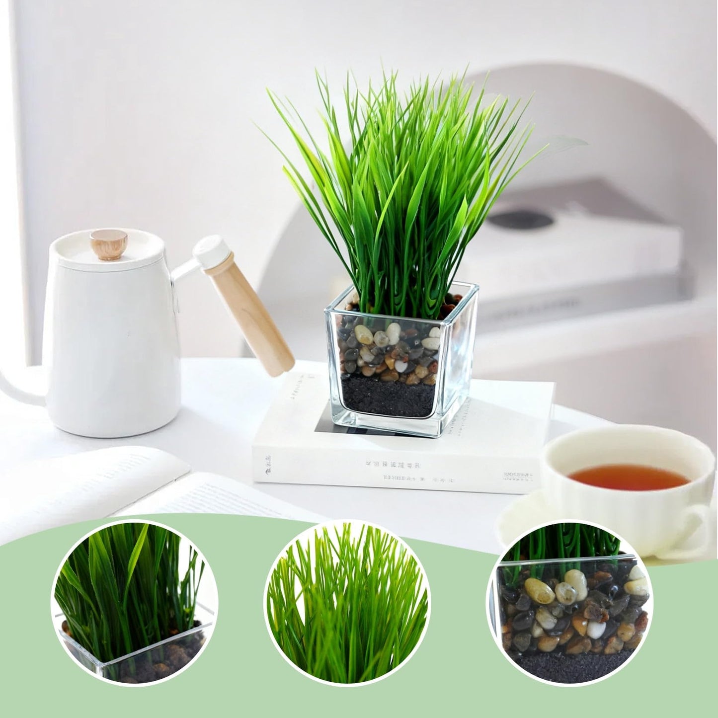 PeacefulHues 3-Pack Artificial Grass in Glass Planters, Small Faux Greenery for Desks, Shelves & Indoor Spaces, Modern Tabletop Decorative Plants (3×3×8.7 in)
