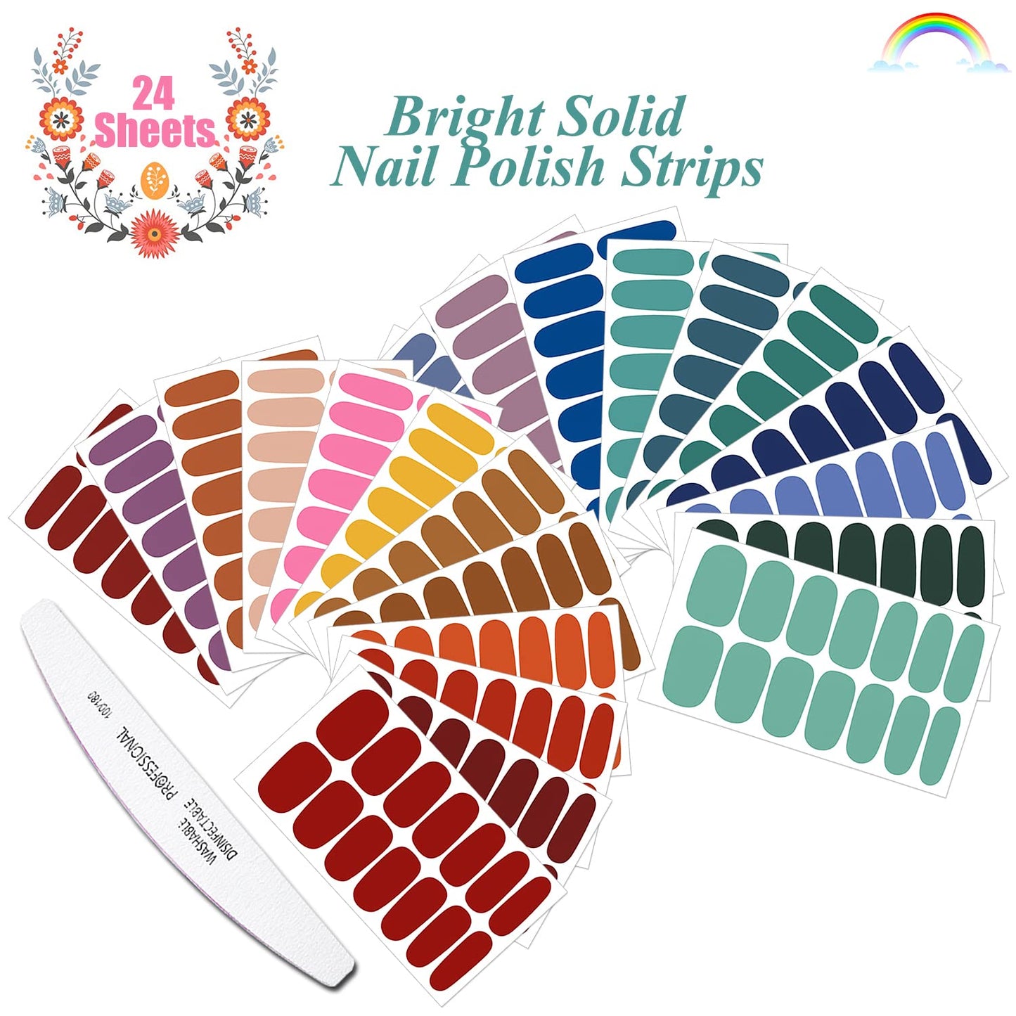 JERCLITY 24 Sheets Bright Solid Color Nail Polish Strips with Nail File Self-Adhesive Nail Strips Gel Stickers for Nails Nail Polish Stickers Full Wraps for Women